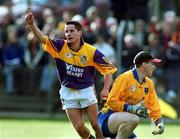 20 May 2000; John Hegarty, Wexford team captain celebrates his goal at Wicklow goalkeeper Robert Hollingsworth looks on. Bank of Ireland Football Championship, Wicklow v Wexford, Aughrim, Co. Wicklow Picture credit; Matt Browne/SPORTSFILE