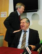 31 January 2008; Retiring Ard Stiurthoir of the GAA Liam Mulvihill is passed by the new Ard Stiurthoir Paraic Duffy at the top table before his last press conference. Hogan Stand, Croke Park, Dublin. Picture credit; Ray McManus / SPORTSFILE