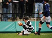 31 January 2008; Donal Brennan, Belvedere, goes over to score his side's only try. Leinster Schools Junior Cup, Belvedere College v St Mary's College, Donnybrook, Dublin. Picture credit; Caroline Quinn / SPORTSFILE