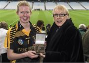 1 March 2015; Kellyann Doyle, of Piltown, Co Kilkenny, receives the Player of the Match award from Maol Muire Tynan, AIB, after the AIB All Ireland Intermediate Club Camogie Final, Piltown v Lismore. Croke Park, Dublin. For exclusive content and to see why the AIB Club Championships are #TheToughest follow us @AIB_GAA and on Facebook at facebook.com/AIBGAA. Croke Park, Dublin. Picture credit: Ray McManus / SPORTSFILE