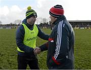 1 March 2015; Rory Gallagher, Donegal manager and Brian Cuthbert, Cork manager, exchange hand shakes at the final whistle. Allianz Football League, Division 1, Round 3, Donegal v Cork. Fr Tierney Park, Ballyshannon, Co. Donegal. Picture credit: Oliver McVeigh / SPORTSFILE