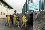 1 March 2015; The Donegal team enter the field for the game. Allianz Football League, Division 1, Round 3, Donegal v Cork. Fr Tierney Park, Ballyshannon, Co. Donegal. Picture credit: Oliver McVeigh / SPORTSFILE