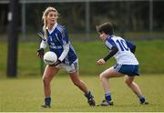 1 March 2015; Sarah Quigley, Laois, in action against Cora Courtney, Monaghan. TESCO HomeGrown Ladies National Football League Division 1 Round 4, Laois v Monaghan, Crettyard GAA club, Crettyard, Co. Laois. Picture credit: Pat Murphy / SPORTSFILE