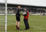 1 March 2015; Westmeath manager Tom Cribbin in conversation with his goalkeeper and selector Gary Connaughton before starting his first game after coming out of retirement. Allianz Football League Division 2 Round 3, Kildare v Westmeath. St Conleth's Park, Newbridge, Co. Kildare. Picture credit: Piaras Ó Mídheach / SPORTSFILE