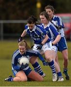 1 March 2015; Ellen McCanon, Monaghan, supported by team-mate Eileen McElroy in action against Charlotte Delaney and Laura Peake, right, Laois. TESCO HomeGrown Ladies National Football League Division 1 Round 4, Laois v Monaghan, Crettyard GAA club, Crettyard, Co. Laois. Picture credit: Pat Murphy / SPORTSFILE