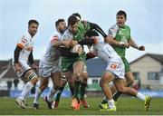 1 March 2015; Danie Poolman, Connacht, is tackled by Ludovico Nitoglia, left, and Jayden Hayward, Benetton Treviso. Guinness PRO12 Round 16, Connacht v Benetton Treviso, Sportsground, Galway. Picture credit: Ramsey Cardy / SPORTSFILE