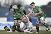 1 March 2015; Jake Heenan, Connacht, is tackled by James Ambrosini, left, and Nicola Cattina, Benetton Treviso. Guinness PRO12 Round 16, Connacht v Benetton Treviso, Sportsground, Galway. Picture credit: Ramsey Cardy / SPORTSFILE