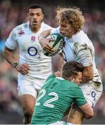 1 March 2015; Billy Twelvetrees, England, is tackled by Ian Madigan, Ireland. RBS Six Nations Rugby Championship, Ireland v England. Aviva Stadium, Lansdowne Road, Dublin. Picture credit: Brendan Moran / SPORTSFILE