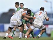 1 March 2015; Dave McSharry, Connacht, is tackled by Matthew Luamanu, left, and Davide Giazzon, Benetton Treviso. Guinness PRO12 Round 16, Connacht v Benetton Treviso, Sportsground, Galway. Picture credit: Ramsey Cardy / SPORTSFILE