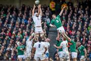 1 March 2015; George Kruis, England, and Peter O'Mahony, Ireland, contest a lineout. RBS Six Nations Rugby Championship, Ireland v England. Aviva Stadium, Lansdowne Road, Dublin. Picture credit: Brendan Moran / SPORTSFILE