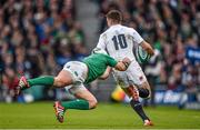 1 March 2015; George Ford, England, is tackled by Rory Best, Ireland. RBS Six Nations Rugby Championship, Ireland v England. Aviva Stadium, Lansdowne Road, Dublin. Picture credit: Brendan Moran / SPORTSFILE