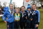 1 March 2015; Team Donegal who came 2nd in the Girl's Under 12's 4 x 500m Relay during the GloHealth Inter Club & Inter County Relay Cross Country Championships.  Pictured are, from left, Andrea Browne, Demi Crossan, Chloe Coyle, Sarah Bradley and Amy McMenamin. Kilbroney Park, Co. Down. Photo by Sportsfile