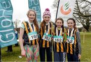 1 March 2015; Team Kilkenny who came 3rd in the Girl's Under 12's 4 x 500m Relay during the GloHealth Inter Club & Inter County Relay Cross Country Championships.  Pictured are, from left, Marie Claire O'Dwyer, Aine Kirwan, Saoirse Allen and Fiona Dillon. Kilbroney Park, Co. Down. Photo by Sportsfile