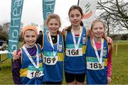 1 March 2015; Team Tipperary who came 1st in the Girl's Under 12's 4 x 500m Relay during the GloHealth Inter Club & Inter County Relay Cross Country Championships.  Pictured are, from left, Cally Dooley, Neassa Towey, Aoibhin Foley and Aimee Hayde. Kilbroney Park, Co. Down. Photo by Sportsfile