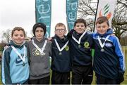1 March 2015; Team Donegal who came 2nd in the Boy's Under 12's 4 x 500m Relay during the GloHealth Inter Club & Inter County Relay Cross Country Championships.  Pictured are, from left, Oisin Kelly, Liam Donnelly, Conor Curran, Seamus Harley and Oisin Toye. Kilbroney Park, Co. Down. Photo by Sportsfile
