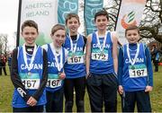 1 March 2015; Team Cavan who came 3rd in the Boy's Under 12's 4 x 500m Relay during the GloHealth Inter Club & Inter County Relay Cross Country Championships.  Pictured are, from left, Donnacha McNamara, Colin Gargan, Michael McCullagh, Dean Carroll and Odhran O'Reilly. Kilbroney Park, Co. Down. Photo by Sportsfile