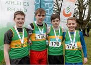1 March 2015; Team Donegal who came 1st in the Boy's Under 14's 4 x 500m Relay during the GloHealth Inter Club & Inter County Relay Cross Country Championships.  Pictured are, from left, Mark Ruddy, Andrew Mullen, Ronan Frain and Shane McMonagle. Kilbroney Park, Co. Down. Photo by Sportsfile