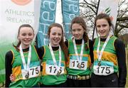 1 March 2015; Team Donegal who came 3rd in the Girl's Under 14's 4 x 500m Relay during the GloHealth Inter Club & Inter County Relay Cross Country Championships.  Pictured are, from left, Molly Trearty, Lauren McDaid, Aoife McGrath and Daniella Jansen. Kilbroney Park, Co. Down. Photo by Sportsfile