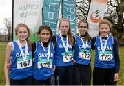 1 March 2015; Team Cavan who came 2nd in the Girl's Under 14's 4 x 500m Relay during the GloHealth Inter Club & Inter County Relay Cross Country Championships.  Pictured are, from left, Danielle Hill, Jane Duffy, Emma Glynn, Aine Corcoran and Jayne Drury. Kilbroney Park, Co. Down. Photo by Sportsfile