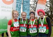 1 March 2015; Team Carlow who came 1st in the Girl's Under 14's 4 x 500m Relay during the GloHealth Inter Club & Inter County Relay Cross Country Championships.  Pictured are, from left, Sara Doyle, Natasha Doyle, Chloe Hayden and Corrine Kenny. Kilbroney Park, Co. Down. Photo by Sportsfile