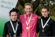 1 March 2015; Maria McCambridge, Dundrum South Dublin A.C., who won the Senior Women's 8,000m at the GloHealth Inter Club & Inter County Relay Cross Country Championships, alongside club-mates Sarah Mulligan, right, who came 2nd, and Michelle McGee, left, who came 3rd. Kilbroney Park, Co. Down. Photo by Sportsfile