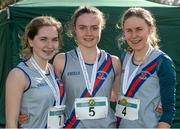 1 March 2015; Sophie Murphy, left, Eimear Fitzpatrick, and Sarah Fitzpatrick, right, from Dundrum South Dublin A.C., who won the overall Junior Women's team at the GloHealth Inter Club & Inter County Relay Cross Country Championships. Kilbroney Park, Co. Down. Photo by Sportsfile