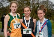 1 March 2015; Hope Saunder, Clonliffe Harriers A.C., Co. Dublin, who won the Junior Women's 4,000m at the GloHealth Inter Club & Inter County Relay Cross Country Championships, alongside 2nd place Clodagh O'Reilly, left, Annalee A.C., Co. Cavan, and 3rd place Sarah Fitzpatrick, right, Dundrum South Dublin A.C. Kilbroney Park, Co. Down. Photo by Sportsfile