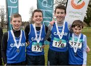 1 March 2015; Team Cavan who came 3rd in the Boy's Under 14's 4 x 500m Relay during the GloHealth Inter Club & Inter County Relay Cross Country Championships.  Pictured are, from left, Christian Hughes, Karl Hughes, Mark Hughes and Conall Ruddy. Kilbroney Park, Co. Down. Photo by Sportsfile