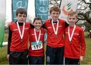 1 March 2015; Team Louth who came 2nd in the Boy's Under 14's 4 x 500m Relay during the GloHealth Inter Club & Inter County Relay Cross Country Championships.  Pictured are, from left, Peter Meegan, Danny O'Brien, James McArdle and Finn Reilly. Kilbroney Park, Co. Down. Photo by Sportsfile