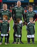 28 February 2015; Ireland Legends, from left, Nick Popplewell, Trevor Brennan and Shane Byrne, pose with team mascots before the game. Ireland legends v England legends.  Donnybrook Stadium, Donnybrook, Dublin. Picture credit: Piaras Ó Mídheach / SPORTSFILE