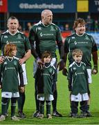 28 February 2015; Ireland Legends, from left, Nick Popplewell, Trevor Brennan and Shane Byrne, pose with team mascots before the game. Ireland legends v England legends.  Donnybrook Stadium, Donnybrook, Dublin. Picture credit: Piaras Ó Mídheach / SPORTSFILE