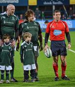 28 February 2015; Ireland Legends Trevor Brennan, left, and Shane Byrne with team mascots and referee Alain Rolland before the game. Ireland legends v England legends.  Donnybrook Stadium, Donnybrook, Dublin. Picture credit: Piaras Ó Mídheach / SPORTSFILE