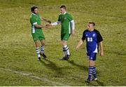 2 March 2015; Shane O'Neill, right, Cabinteely FC, celebrates with team-mate Evan Finnegan after scoring his side's first goal from the penalty spot. Pre-season Friendly, Cabinteely v Elizabethtown College Pennsylvania, Blackrock College RFC, Stradbrook Road, Dublin. Picture credit: Cody Glenn / SPORTSFILE