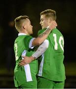 2 March 2015; Shane O'Neill, right, Cabinteely FC, celebrates with team-mate Aaron Brilly after scoring his side's goal. Pre-season Friendly, Cabinteely v Elizabethtown College Pennsylvania, Blackrock College RFC, Stradbrook Road, Dublin. Picture credit: Cody Glenn / SPORTSFILE