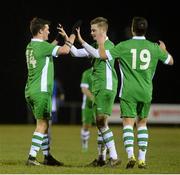 2 March 2015; Michael Lyons, left, Cabinteely FC, celebrates with team-mates Conor Foley, centre, and Vito Tamburro, after scoring his side's goal. Pre-season Friendly, Cabinteely v Elizabethtown College Pennsylvania, Blackrock College RFC, Stradbrook Road, Dublin. Picture credit: Cody Glenn / SPORTSFILE