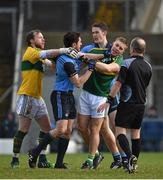 1 March 2015; Bernard Brogan and Emmet O Conghaile, Dublin, tussle off the ball with Kerry's Peter Crowley and goalkeeper Brendan Kealy in front of referee Eddie Kinsella. Allianz Football League, Division 1, Round 3, Kerry v Dublin. Fitzgerald Stadium, Killarney, Co. Kerry. Picture credit: Diarmuid Greene / SPORTSFILE