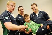 30 January 2008; Training with the Irish rugby team before their first game of the Six Nations was Taylor Whyte, age 8, winner of the Kellogg's Nutri-Grain Search for a Mascot Competition. As the official team mascot, Taylor will lead the Irish rugby team out in Croke Park for the Ireland v Italy 6 Nations game on Saturday 2nd of February. Taylor, an avid rugby fan who unfortunately cannot play rugby seriously himself due to a congenital heart defect, was selected from hundreds of entries from throughout the country. Pictured left to right are: Leo Cullen, David Wallace, Marcus Horan, and, lifting Taylor for a line-out. Fitzpatrick Castle Hotel, Killiney, Co. Dublin. Photo by Sportsfile