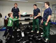 30 January 2008; Training with the Irish rugby team before their first game of the Six Nations was Taylor Whyte, age 8, winner of the Kellogg's Nutri-Grain Search for a Mascot Competition. As the official team mascot, Taylor will lead the Irish rugby team out in Croke Park for the Ireland v Italy 6 Nations game on Saturday 2nd of February. Taylor, an avid rugby fan who unfortunately cannot play rugby seriously himself due to a congenital heart defect, was selected from hundreds of entries from throughout the country. Pictured left to right are: Leo Cullen, Taylor Whyte, David Wallace and Marcus Horan. Fitzpatrick Castle Hotel, Killiney, Co. Dublin. Photo by Sportsfile