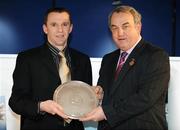 26 January 2008; Referee Michael Duffy, from Sligo, is presented with his 'Developing Referee' award by GAA President Nickey Brennan at the 2008 National Referee's Awards Banquet. Croke Park, Dublin. Photo by Sportsfile