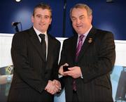 26 January 2008; Referee Johnny Ryan from Tipperary, who refereed the All-Ireland U21 Hurling Championship Final between Dublin and Galway, is presented with his referees award by GAA President Nickey Brennan at the 2008 National Referee's Awards Banquet. Croke Park, Dublin. Photo by Sportsfile