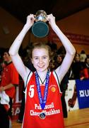 30 January 2008; Emma Prindibhil, Pobailscoil Chorca Dhuibhne, lifts the cup. U16B Girls, All-Ireland Schools Basketball Cup Final, Pobailscoil Chorca Dhuibhne, Kerry v St. Patricks Academy, Mayo, National Basketball Arena, Tallaght, Dublin. Picture credit: Pat Murphy / SPORTSFILE