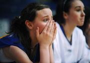 30 January 2008; Kelly Loughran, St. Patricks Academy, watches the final seconds of defeat against  Pobailscoil Chorca Dhuibhne. U16B Girls, All-Ireland Schools Basketball Cup Final, Pobailscoil Chorca Dhuibhne, Kerry v St. Patricks Academy, Mayo, National Basketball Arena, Tallaght, Dublin. Picture credit: Pat Murphy / SPORTSFILE