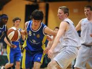 30 January 2008; Inigo Serrano, Wilson’s Hospital, in action against Kieran O'Neill, Pobailscoil Inbhear Sceine. U16C Boys, All-Ireland Schools Basketball Cup Final, Wilson’s Hospital, Westmeath v Pobailscoil Inbhear Sceine, Kerry, National Basketball Arena, Tallaght, Dublin. Picture credit: Pat Murphy / SPORTSFILE  *** Local Caption ***