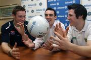 30 January 2008; Charlie Vernon, Armagh, Kevin McGuckin, Derry, and Kevin Cassidy, Donegal, at the Belfast launch of the 2008 Allianz National Football Leagues. The Holiday Inn, Ormeau Avenue, Belfast. Picture credit: Oliver McVeigh / SPORTSFILE