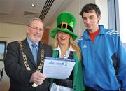 31 January 2008; At the launch of the 2008 KBCAM St. Patricks Festival 5k Road Race and family fun run, are, from left, Lord Mayor of Dublin, Cllr Paddy Bourne, Leprechaun Michelle Costello and John Coghlan. The event will take place on Sunday 16th March at 10am and has a prize fund of 6,000 euros in individual, team and random prizes along with souvenir t-shirts, goodie bags and prizes and fancy dress and the organisers, Metropolitan Harrers and St Brigid's AC are expecting up to 3000 entrants. KBC Asset Management Offices, Dawson Street, Dublin. Picture credit: Brendan Moran / SPORTSFILE  *** Local Caption ***