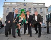 31 January 2008; At the launch of the 2008 KBCAM St. Patricks Festival 5k Road Race and family fun run, are, from left, Lord Mayor of Dublin, Cllr Paddy Bourne, Leprechaun Michelle Costello, Eamonn Coghlan, Race Director and Sean Hawkshaw, CEO, KBCAM. The event will take place on Sunday 16th March at 10am and has a prize fund of 6,000 euros in individual, team and random prizes along with souvenir t-shirts, goodie bags and prizes and fancy dress and the organisers, Metropolitan Harrers and St Brigid's AC are expecting up to 3000 entrants. KBC Asset Management Offices, Dawson Street, Dublin. Picture credit: Brendan Moran / SPORTSFILE  *** Local Caption ***