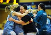 31 January 2008; Roisin Casey, St. Joseph’s Charlestown, celebrates with team-mates Katherine Horan and Sarah Dunleavy, centre, at the final whistle. U19C Girls, All-Ireland Schools Basketball Cup Final, St. Joseph’s Charlestown, Mayo v Rockwell College, Tipperary, National Basketball Arena, Tallaght, Dublin. Picture credit: Brian Lawless / SPORTSFILE