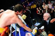 2 Fabruary 2008: Andy Lee is congradulated by RTE's radio commentator Jimmy Magee, after victory over Alejandro Falliga. Ladbrokes.com Fight Night, Andy Lee.v.Alejandro Falliga, University Sports Arena, Limerick. Picture credit: David Maher / SPORTSFILE