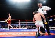 2 Fabruary 2008: Andy Lee looks on as Referee Emile Tiedt counts out Alejandro Falliga during the fifth round. Ladbrokes.com Fight Night, Andy Lee.v.Alejandro Falliga, University Sports Arena, Limerick. Picture credit: David Maher / SPORTSFILE