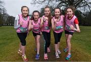 4 March 2015; Mount Sackville athletes, from left, Caoimhe Dowdall, Sarah Nyhan, Aisling Lyons, Jayne Nyhan and Rebecca Ward in attendance at a GloHealth All Ireland Schools’ Cross Country Championships Preview. Clongowes Woods College, Clane, Co. Kildare. Picture credit: Stephen McCarthy / SPORTSFILE
